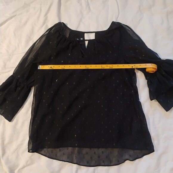 Byer M Black Sheer Chiffon Blouse Metallic Dot Pattern Open Shoulder Tiered Bell - Picture 6 of 10